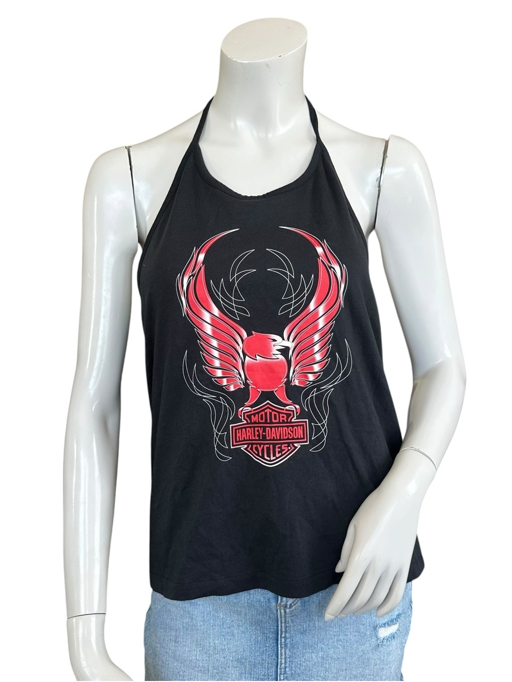 NWT Harley Davidson Black Biker Red Eagle Cropped Fit Halter Top Size Ladies XL